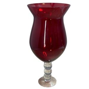 Elegant Ruby Red Glass Vase / Candle Holder Clear Patterned Base Hurricane Large